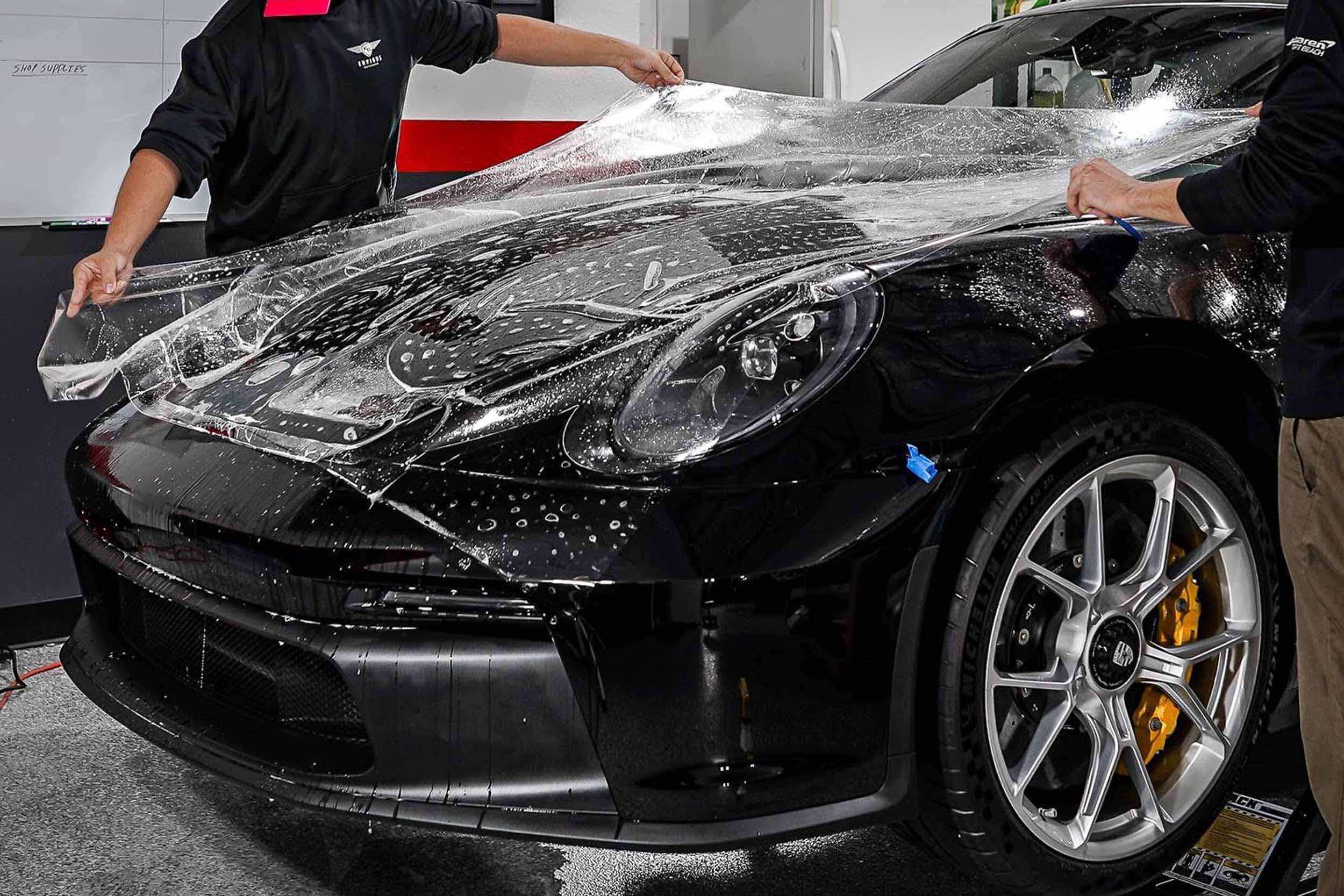 black-porsche-gt3-hood-ppf-install