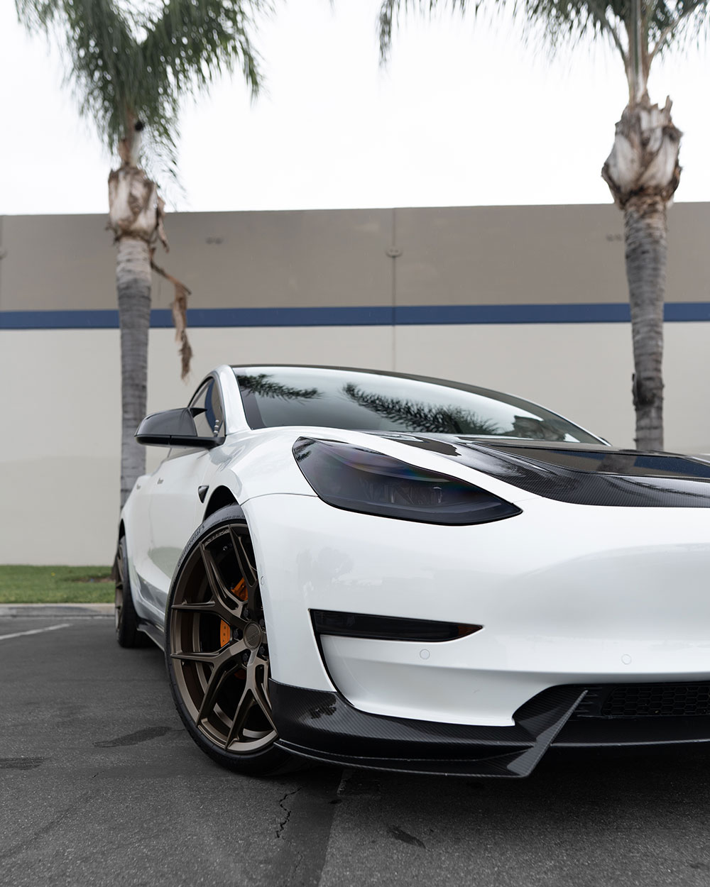 Custom White Tesla Model 3 on airbags with ADRO Carbon Fiber Kit-SFW-2