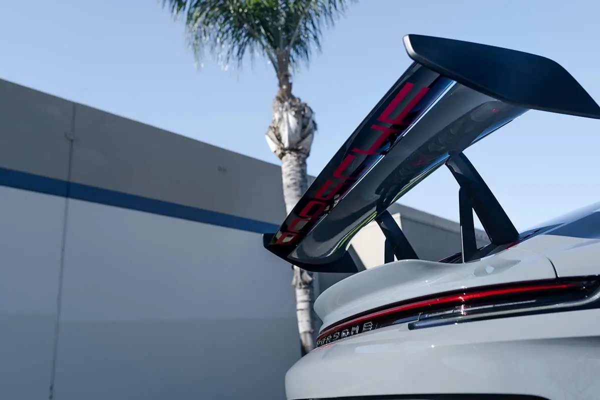 2024 Porsche 992 GT3 RS underneath spoiler after Full Body Paint Protection Film Installation