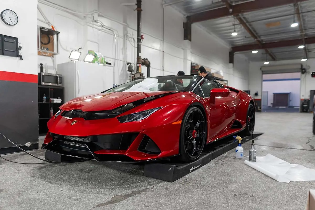 2021 Red Lamborghini Huracan Evo front shot during Full Body Paint Protection Film Installation