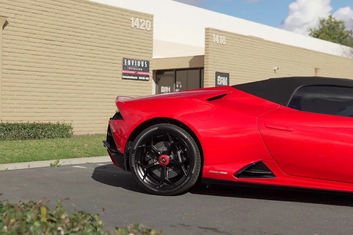 2021 Red Lamborghini Huracan Evo rear quarter shot after Full Body Paint Protection Film Installation