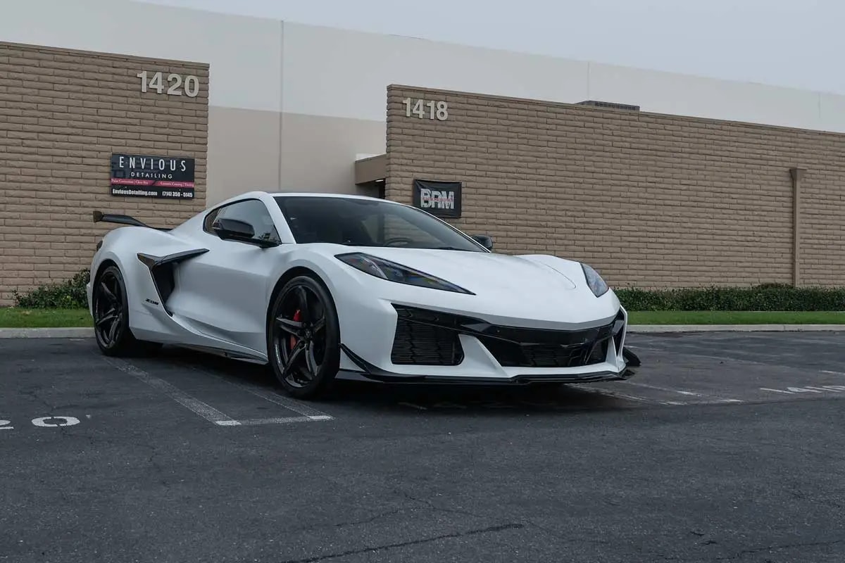 white 2024 Corvette C8 Z06 w/ z07 performance package after satin/stealth/matte paint protection film installation