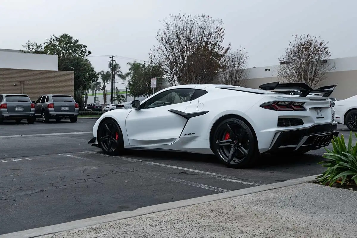 white 2024 Corvette C8 Z06 w/ z07 performance package rear shot after satin/stealth/matte paint protection film installation