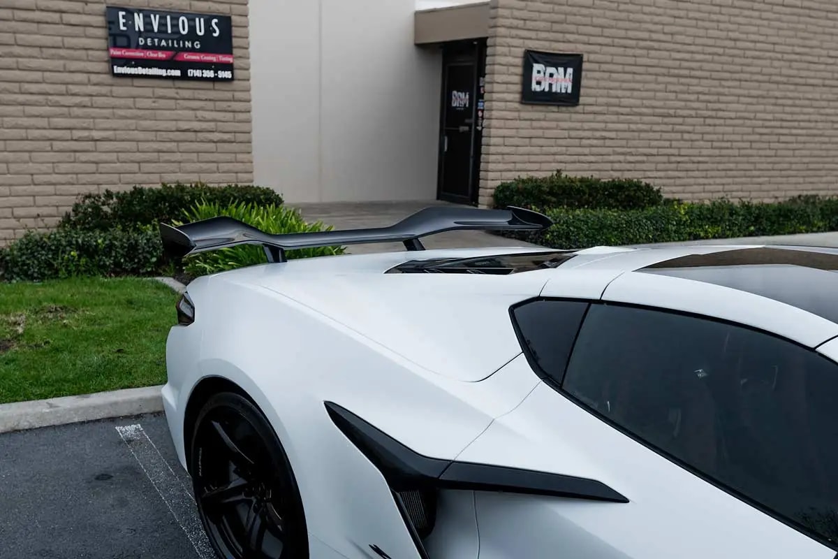 white 2024 Corvette C8 Z06 w/ z07 performance package rear quarter after satin/stealth/matte paint protection film installation