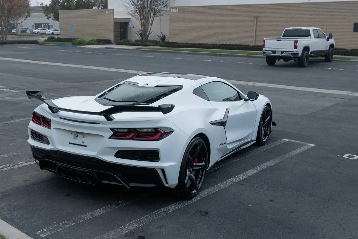 white 2024 Corvette C8 Z06 w/ z07 performance package rear quarter view after satin/stealth/matte paint protection film installation 