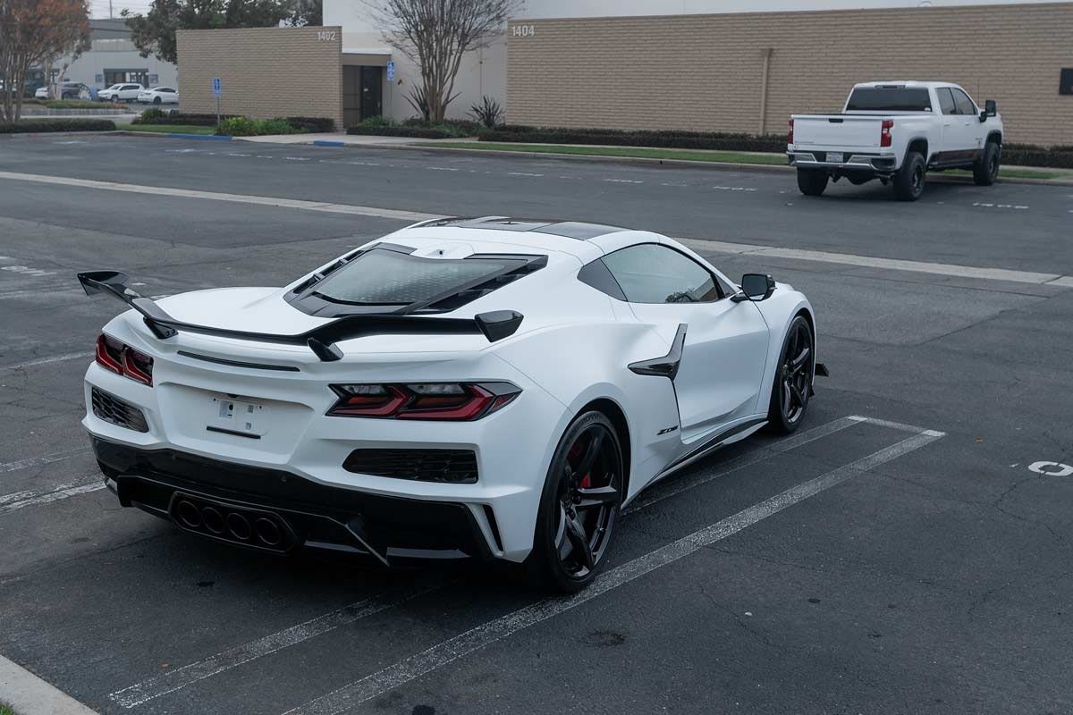 white 2024 corvette z06 with matte satin stealth paint protection film oc ca rear